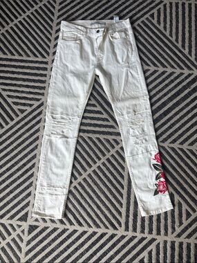 Zara White Skinny Jeans with Red Rose Embroidery